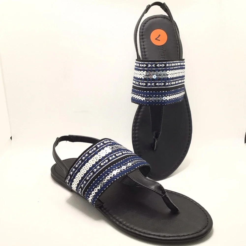 NWOB Olivia Miller Womens Blue Sequin Thong Slingback Sandal Size 7